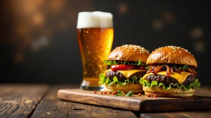 Delicious Cheeseburgers with a Refreshing Cold Beer on a Rustic Wooden Table
