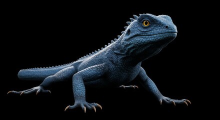 Fototapeta premium Blue iguana with yellow eyes standing against black background