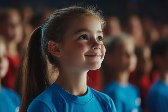 Young gymnast smiling during a rhythmic gymnastics performance in a competition setting, showcasing enthusiasm and spirit