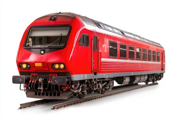 Naklejka premium Bright Red Passenger Train on Tracks Ideal for Urban Travel, Public Transport, and Transportation Industry Imagery in Modern Rail Travel Context