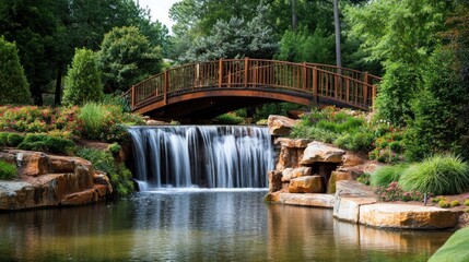 Serene Waterfall and Wooden Bridge in a Lush Garden