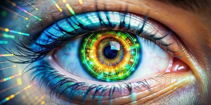 Surreal Close-up of Woman's Eye During Modern Eye Exam with Futuristic Chart