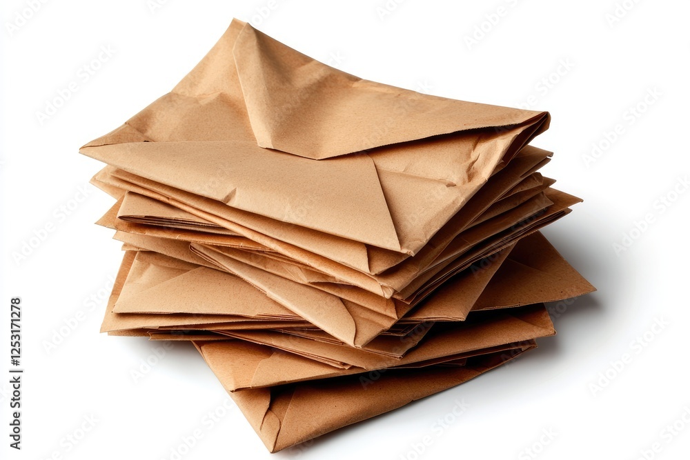 Poster stacked brown envelopes with folded edges on a white background for mail or office use in a minimali