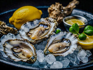 Fresh oysters with pearls on ice and lemon slice.