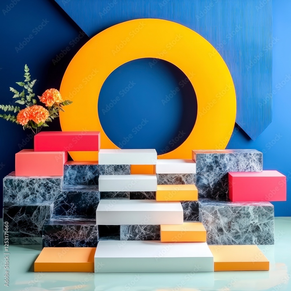 Poster abstract colorful geometric display with cubes and platforms