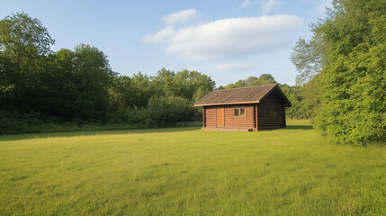 Obraz premium Small wooden log cabin in a grassy field surrounded by trees and nature in a tranquil rural landscape 