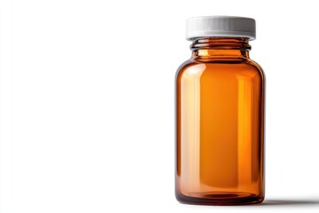 Transparent amber medicine bottle with white cap on a plain background showcasing simplicity and functionality for pharmaceutical or healthcare concepts