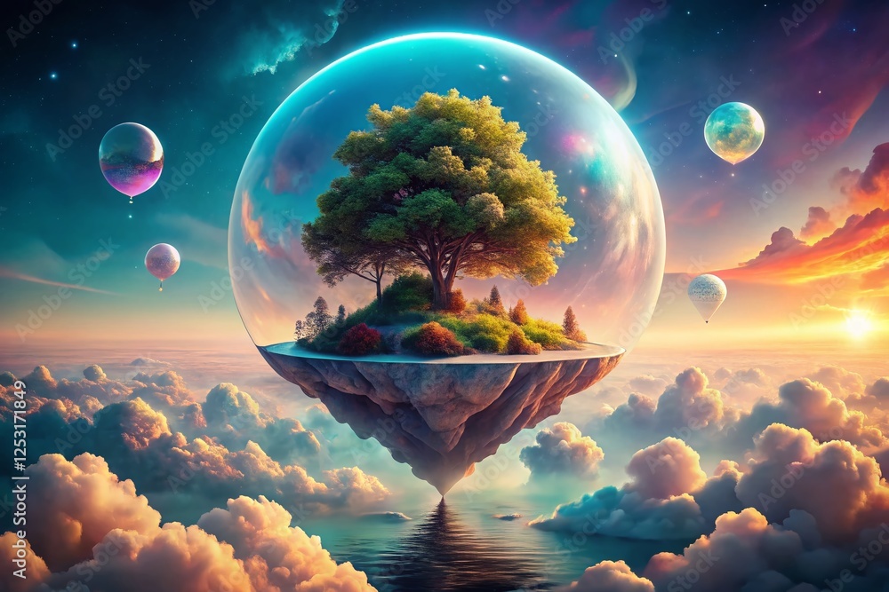 Poster surreal dreamscape: floating island with ethereal clouds and glowing orb