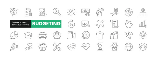 Set of 36 Budgeting line icons set. Budgeting outline icons with editable stroke collection. Includes Calculation, Financial Goal, Loan, Taxes, Emergency Funds, and More.