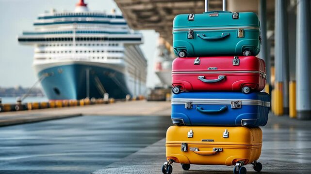 A stack of colorful luggage on wheels with a cruise ship in the background, against a gray industrial backdrop. The focus is on the stacked suitcases, with a blurred cargo port
