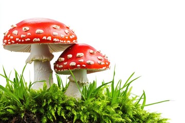 Vibrant Red Mushrooms with White Spots Growing on Lush Green Moss Surrounded by Grass Against a Bright White Background
