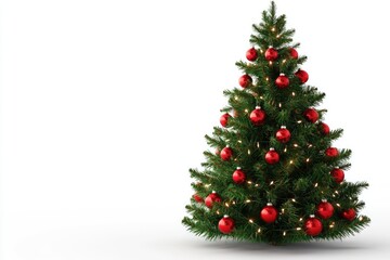 Festive Christmas Tree with Shiny Red Ornaments and Warm Lights on a Bright White Background for Holiday Decoration and Celebration
