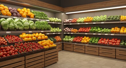 Fototapeta premium Fresh fruits and vegetables displayed on shelves in a market