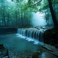  waterfall in a foggy forest
