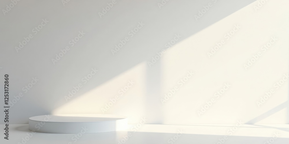 Poster a minimalist white circular pedestal in a sunlit room with a blank wall, ideal for product display o