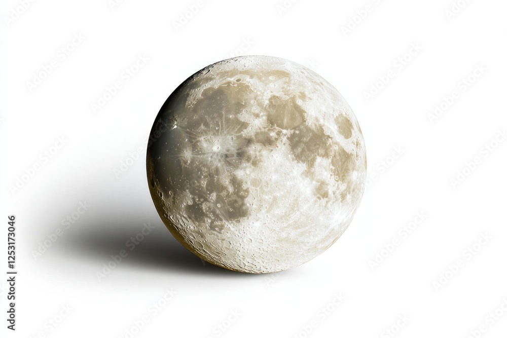 Poster full moon with detailed craters and textured surface casting soft shadow on a plain background, idea