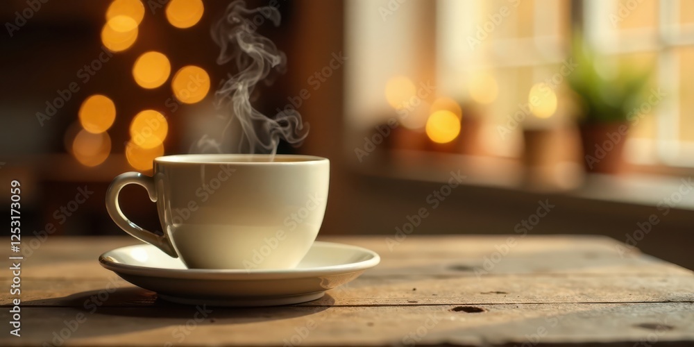 Poster a steaming cup of warm beverage rests on a rustic wooden surface, bathed in the soft glow of ambient