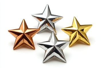 Obraz premium Shiny Decorative Stars in Silver, Gold, Bronze, and Copper Colors on a Soft White Background for Celebrations and Festive Occasions