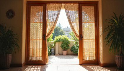 Fototapeta premium Elaborate macrame curtain, breezy patio doorway, frontal view, late afternoon light