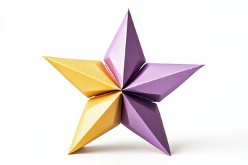 Obraz premium Colorful Star Shape Made of Paper with Glossy Finish in Vibrant Purple and Yellow Standing Upright on White Background