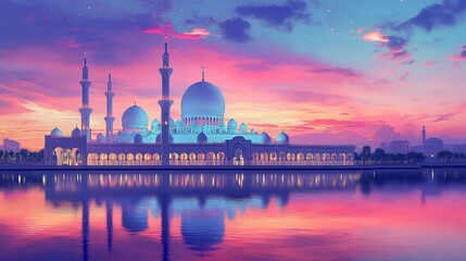 Obraz premium AI Generate An Oil Painting Style Digital Artwork Of A Mosque Reflecting On A Tranquil Lake