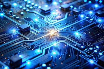 Surreal Glowing Blue Circuit Board: Intricate Technology & Digital Communication Stock Photo