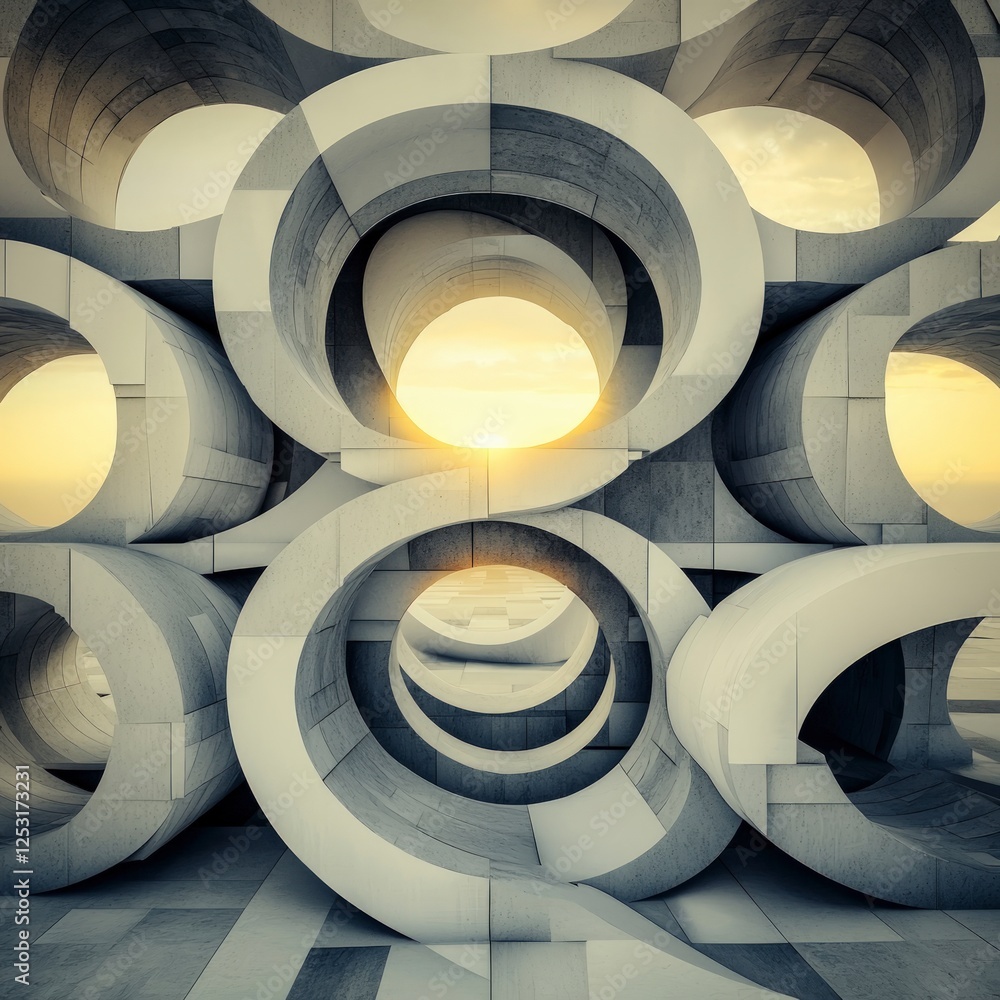 Poster abstract concrete structure with circular openings and sunset light