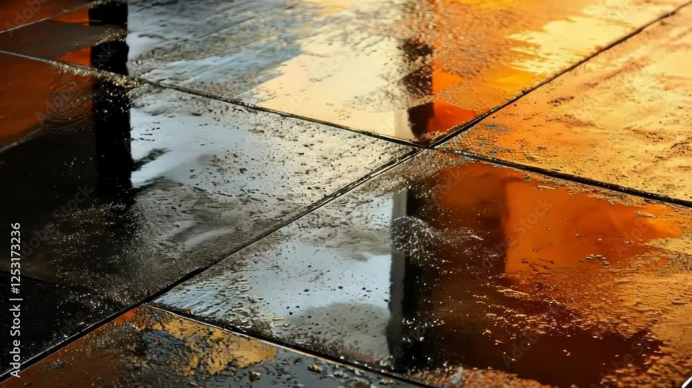 Poster reflections of a vibrant sunset on wet tiles create a mesmerizing display of colors and patterns in 