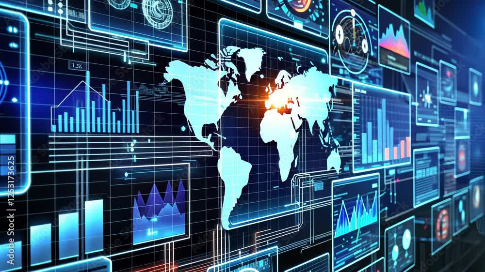 Poster exploring the dynamic world of data visualization and global analytics in a futuristic digital lands