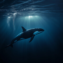 Fototapeta premium A solitary orca glides through dark ocean waters, illuminated by beams of sunlight breaking through the surface. This stunning underwater scene captures the beauty of marine life.