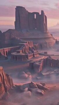 Ancient ruins of a lost civilization in a vast desert under pink sunset clouds with mist new beautiful stock video 9x16 vertical footage animation AI