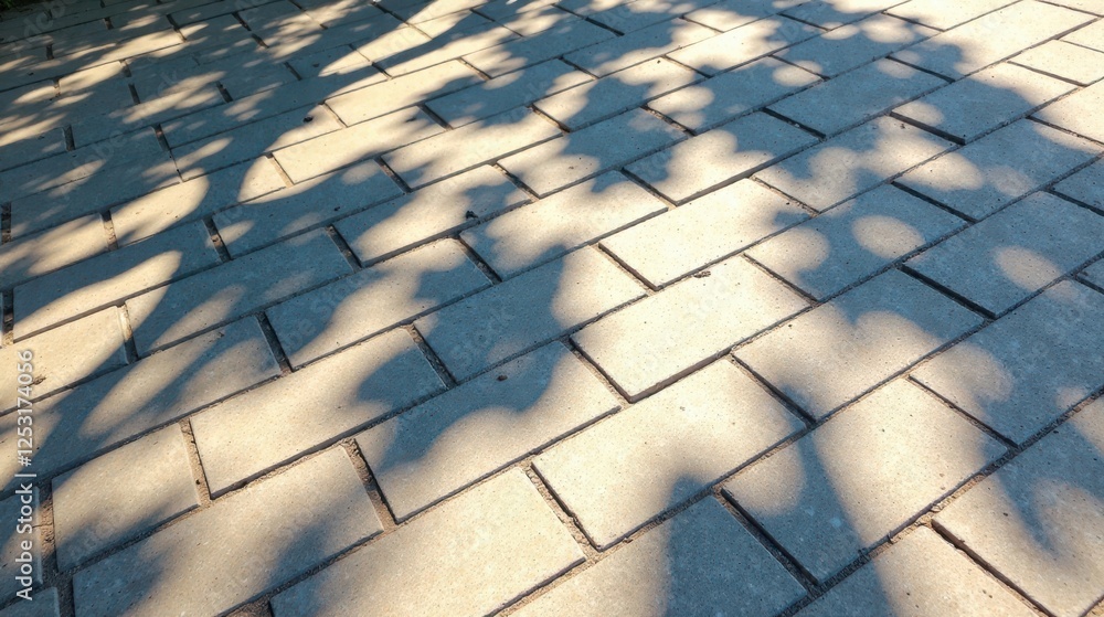 Aufkleber Sunlight Dappled Pavement A Textured Image of Interlocking Bricks with Leaf Shadows
