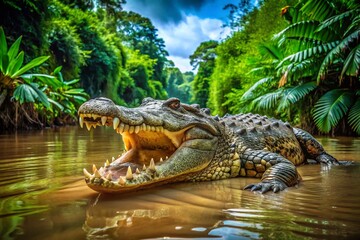 Surreal Jungle Crocodile: Open Jaws on Riverbank, Dreamlike Coast