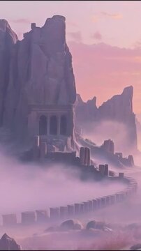Ancient ruins of a lost civilization in a vast desert under pink sunset clouds with mist new beautiful stock video 9x16 vertical footage animation AI
