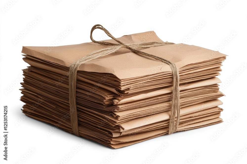 Poster a stack of neatly bundled brown paper sheets bound with twine on a white background ideal for craft,