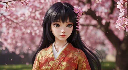 Beautiful anime girl in kimono stands under cherry blossoms