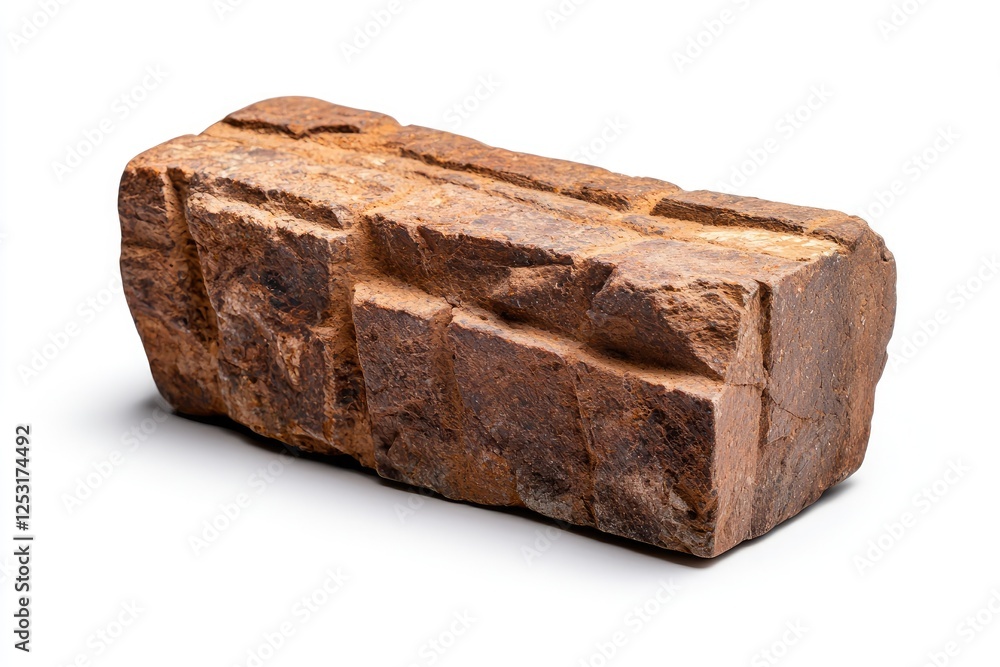 Poster detailed close-up view of a rustic brown stone block isolated on a white background, showcasing its 