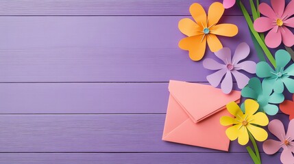 An envelope paper with purple background copy space for National Children's Craft Day 