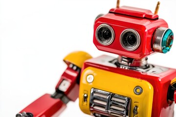 Fototapeta premium Colorful retro toy robot with shiny mechanical details and expressive eyes, perfect for playful and technological themes or imaginative concepts