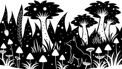Black and white illustration, tropical jungle silhouette, palm trees, exotic plants, dense foliage, mushrooms