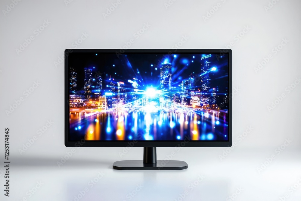 Poster high-definition computer monitor displaying a vibrant urban cityscape with lights and reflections at