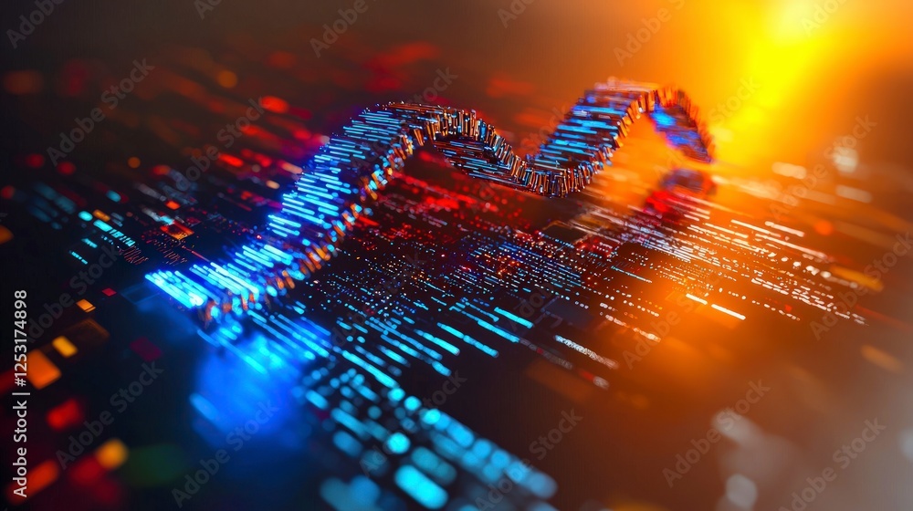 Poster abstract data stream: glowing blue and orange digital code flowing through network