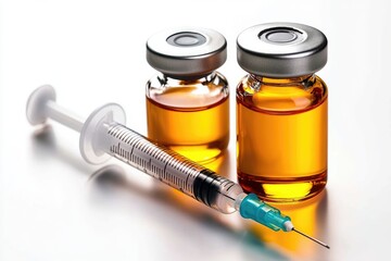 Clear glass vials filled with amber liquid beside a medical syringe with a sharp needle on a smooth reflective surface for pharmaceutical themes