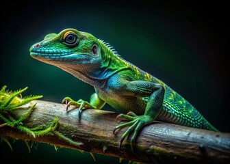 Fototapeta premium Surreal Night Garden Lizard: Side Profile on Twig, Green & Black Background