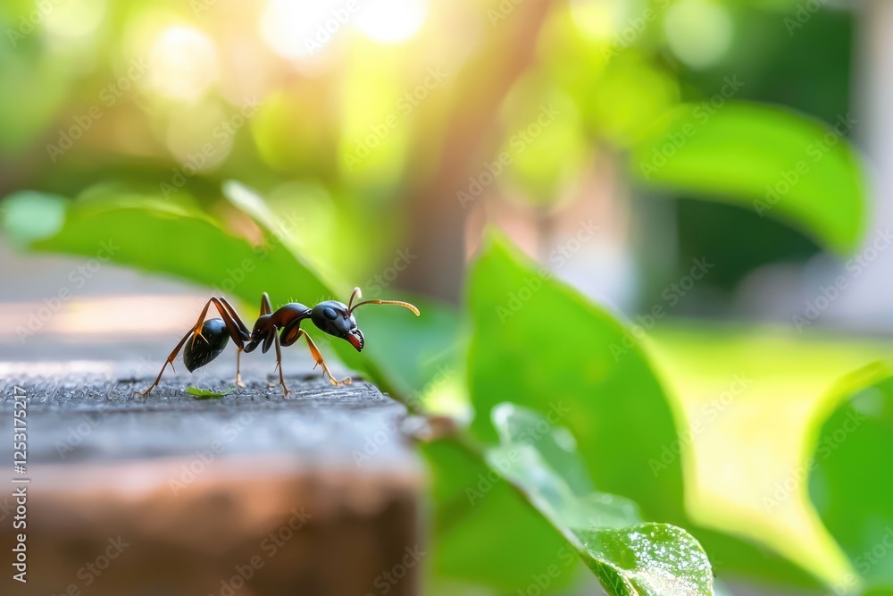 Poster close-up view of an ant crawling on wooden surface surrounded by green leaves with blurred natural b