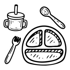 Set of children's dishes. Hand drawn doodle. Special safe tableware for baby food. Plate, spill-proof cup, fork, spoon. Childhood. Vector line art illustration.