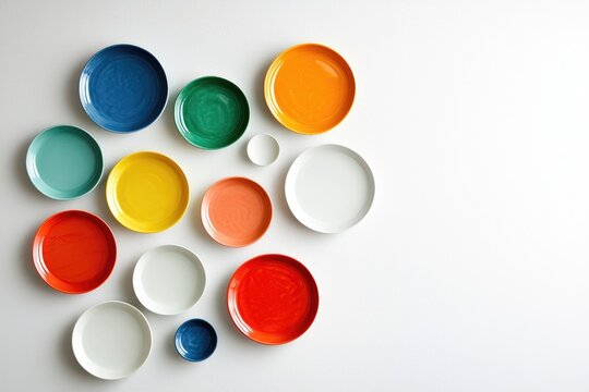 Colorful Plates Arrangement on a White Background for Creative and Modern Food Display or Table Setting Inspiration and Design Concepts
