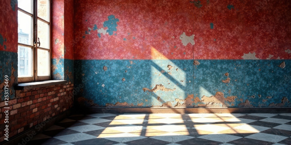 Poster sunlit room with aged walls and checkered floor, featuring a single window