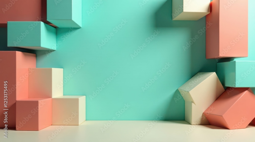 Poster abstract pastel cube arrangement against a teal background featuring a minimalist product display