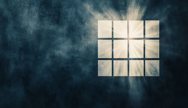 Sunlight streaming through barred window in dark, moody room with textured walls